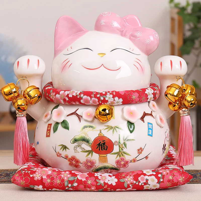 Мультяшная Статуэтка Maneki Neko Oranment, керамическая фигурка счастливого кота, розовый галстук-бабочка, статуя кота Фортуны, Домашняя Декоративная копилка, копилка