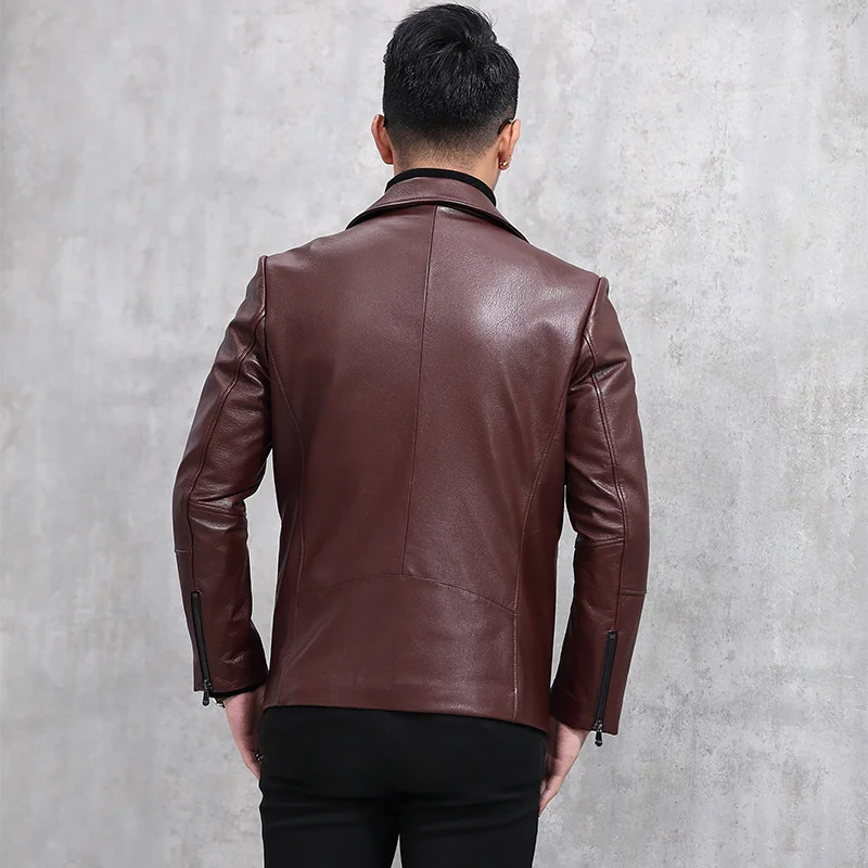 

100% Real Leather Jacket Men High Quality Sheepskin Slim Short Biker Coat Brand Turn-down Collar Zip Business Casual Jacket