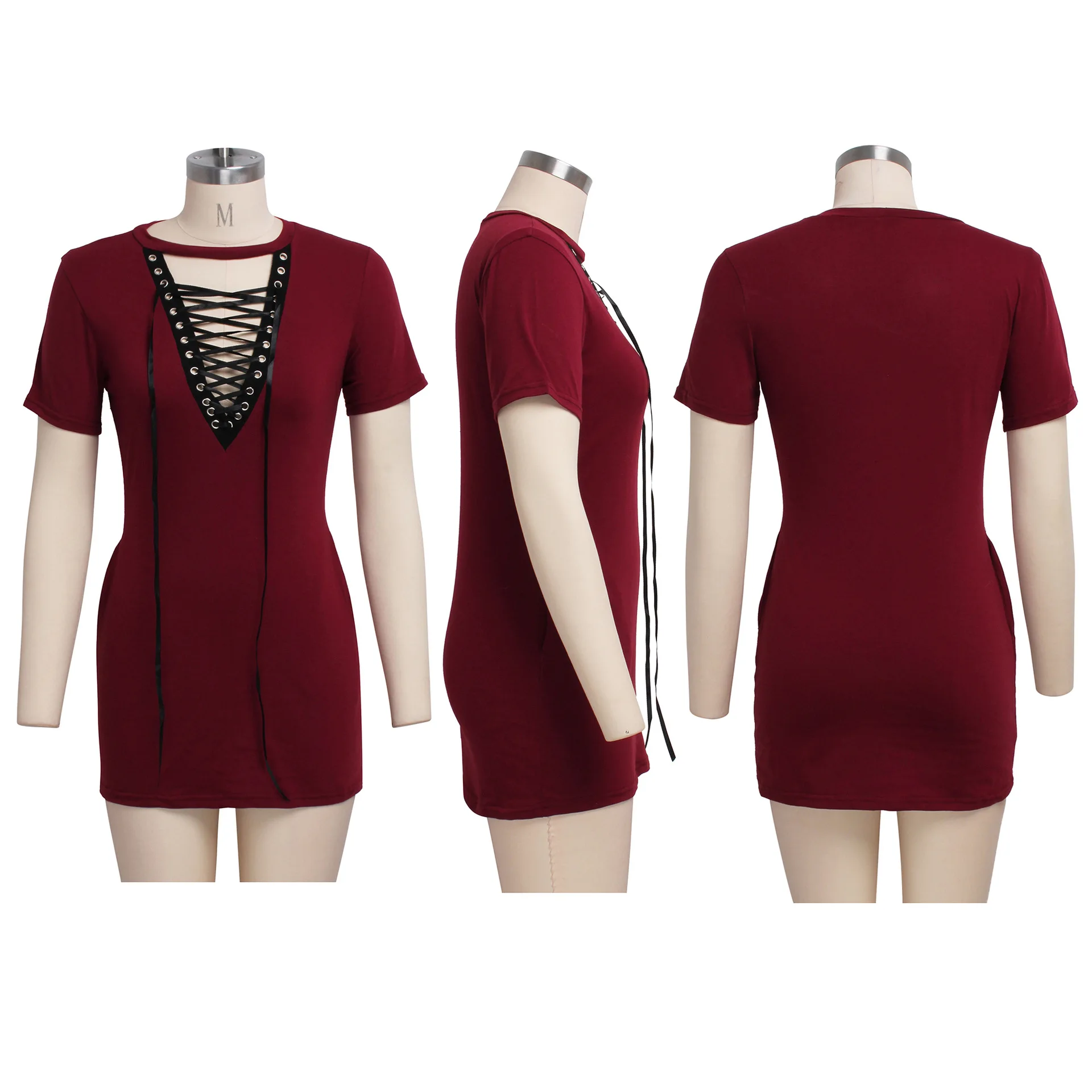 

Summer new sexy fashion nightclub solid color lace-up dress V neck high-waisted club mini dress
