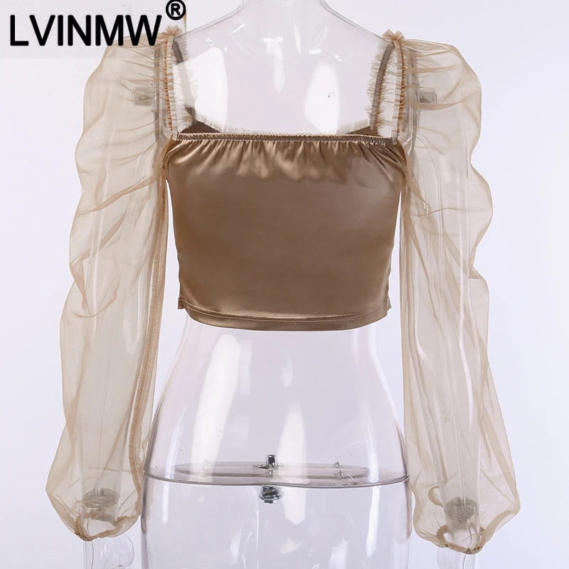 Женский атласный кроп-топ LVINMW осенняя облегающая футболка с длинными рукавами и