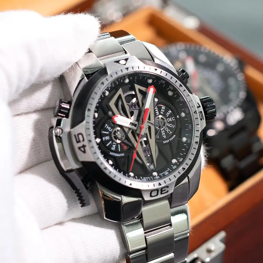 Фото Мужские часы Reef Tiger/RT Unique Transformers Dial, водонепроницаемые, 100 м, механические, из нержавеющей стали 316L, автоматические. №2