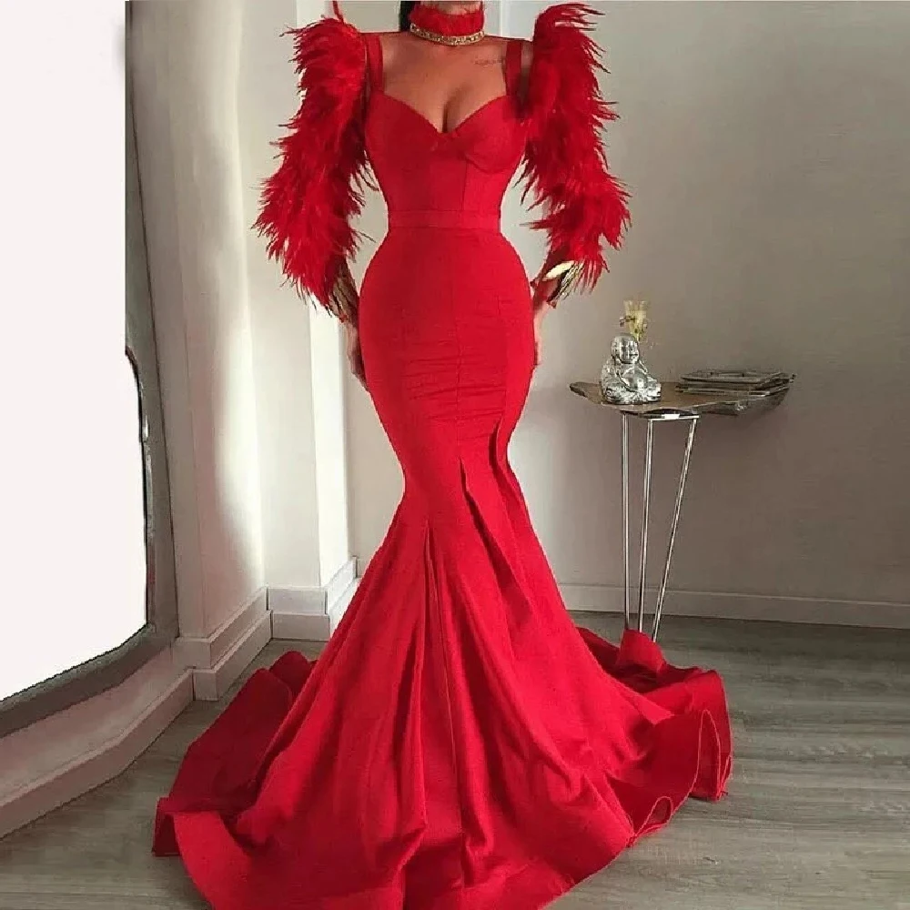 

Sexy Red Satin Mermaid Wedding Prom Dresses With Feather Full Sleeves Backless Sash Train Evening Gowns vestidos de fiesta плать