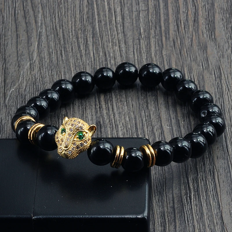 Браслеты из черного натурального вулканического камня с леопардовой головой