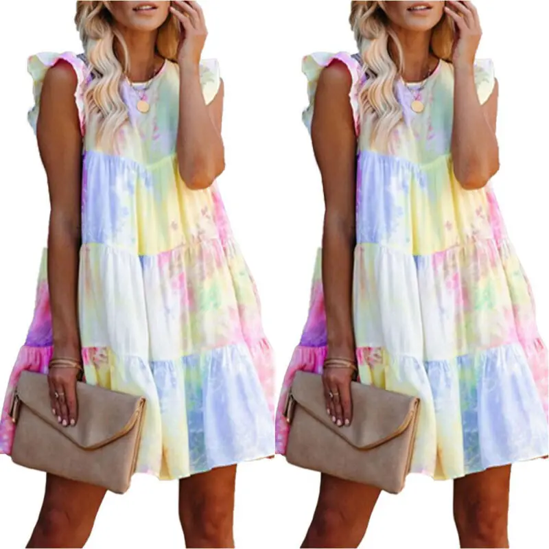

Womens Tie Dye Short Dress Ladies Loose Ruffled Holiday Casual Summer Sundress