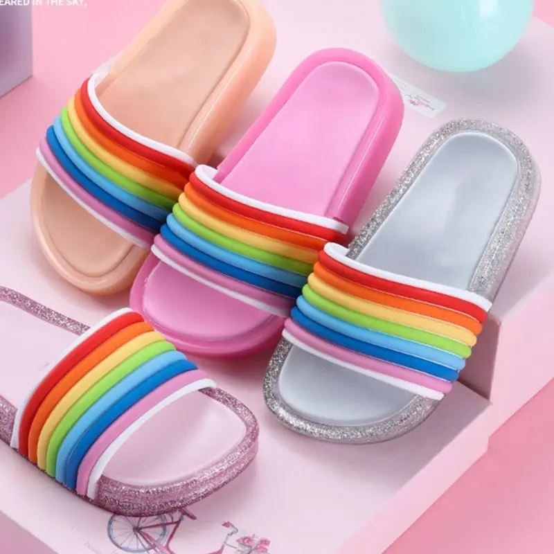 

Children Kids LED Flashing Light Jelly Slide Slippers Shiny Glitter Powder Rainbow Stripes Indoor Sandals Summer Shoes