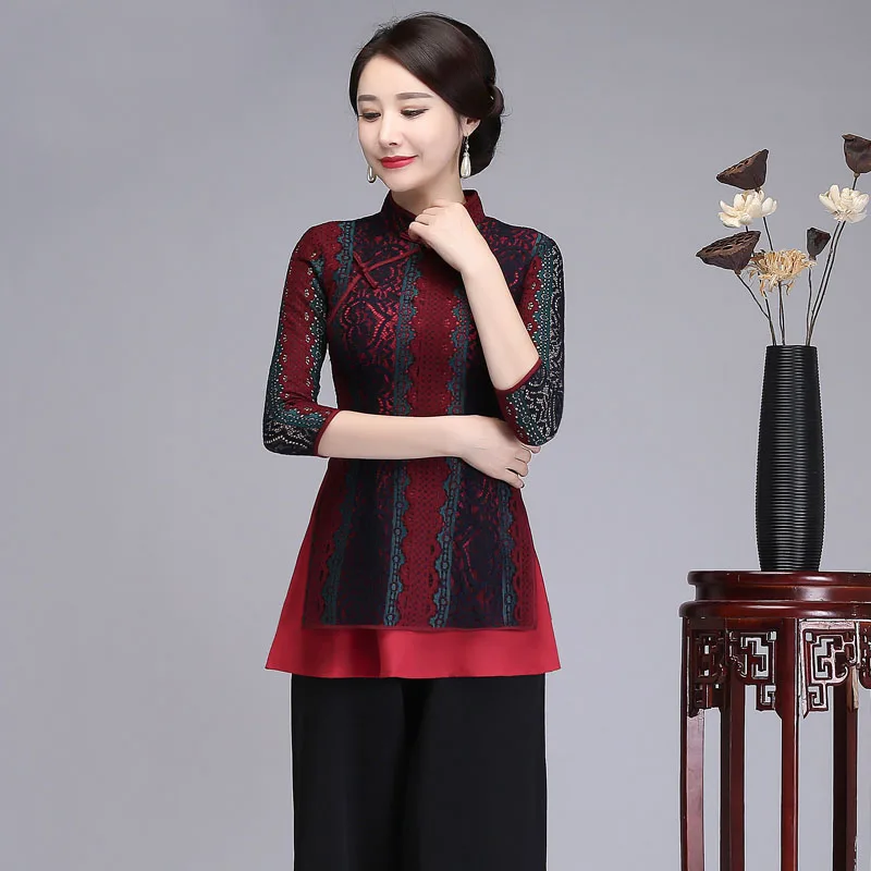 

New Casual BRAND 3/4 Sleeve Lace cheong-sam Collar Top Shirt Woman Slim Daily Wear Shirts Blusas Ladies Tops Women T-shirt