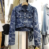 vintage blue flower print female denim jacket harajuku short coat autumn women long sleeve jeans jacket casual jaqueta feminina