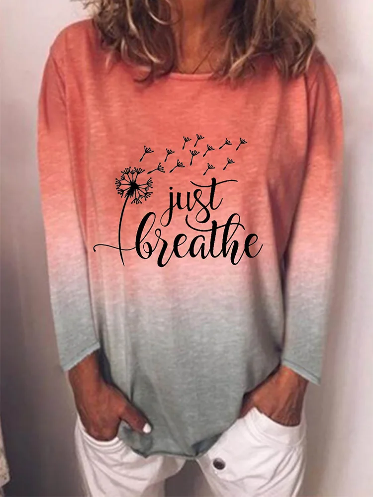 

2021 Spring Autumn Hot Sale Dandelion Letter Print Round Neck Long Sleeve Gradient Pullover Loose Women's Top T-shirt