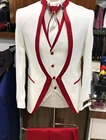 Мужской комплект сценической одежды, свадебный костюм, смокинг для жениха, пиджак, брюки, жилет и галстук, белый и красный цвета