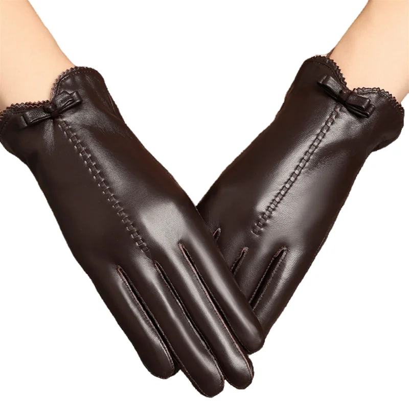 

New Fashion Women Genuine Leather Sheepskin Bow Decoration Velvet Lining Keep Warm In Winter Black Brown Gloves