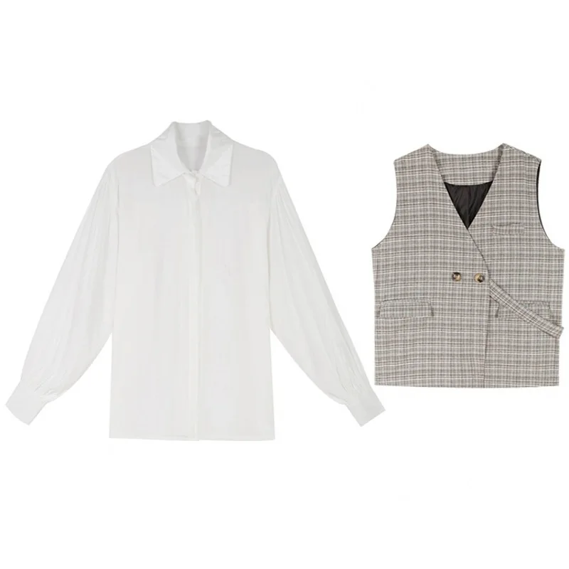 

Temperament Royal sister fan top two piece suit women's middle and long net red plaid waistcoat with Lantern Sleeve Shirt Set