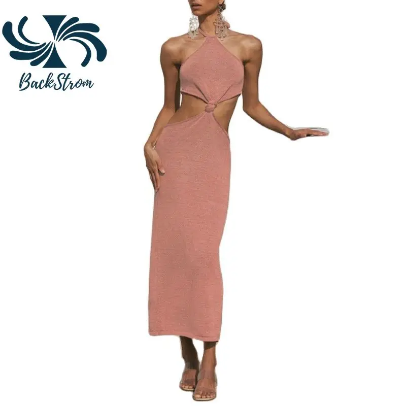 

BACKSTROM Women High Elasticity Knitting Sexy Dresses Backless Night Club Party Halter Dress Chic Long Hollow Out Dress Vestidos