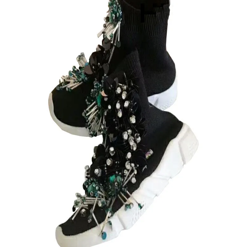 

High-Top Knitted Tassel Beaded Sequined Flower Socks Shoes High-Top Sneakers Sneakers 2021