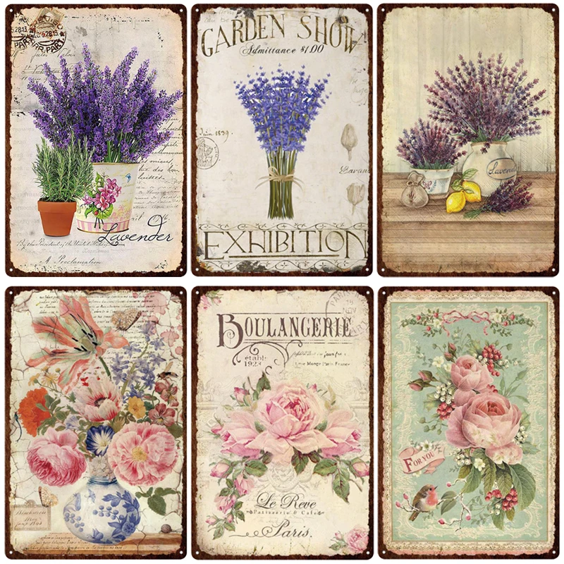 

Настенный плакат в пасторальном стиле, металлическая Оловянная табличка с цветами, цвет лаванды, розы, для гостиной, дома и сада, 20 х30 см