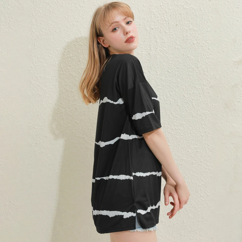 

2021 Summer New Fashion Women's Tie-dye Printed Striped O-Neck Loose Short Sleeve Blouse Casual Soft Comfortable Thin Blouse