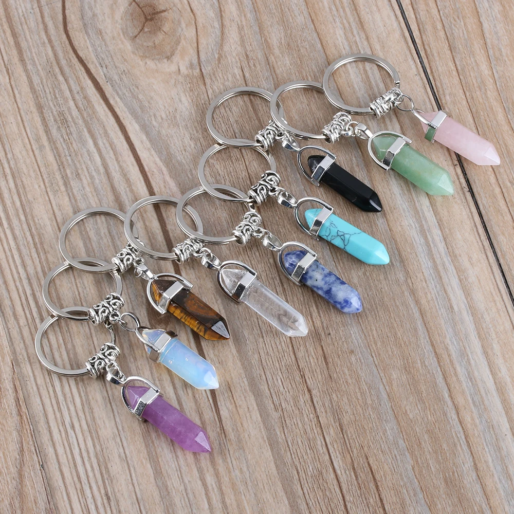 1Pcs Vintage Natural Stone Keychain Natural Quartz Stone Pendant Key Rings Pink Crystal Key Chains Fashion Bag Accessories