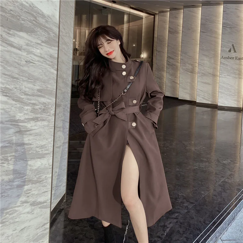 

Elegant Brown autumn winter women trench High street fashion long sleeve windproof coat Split Thicken up straight coat FC381