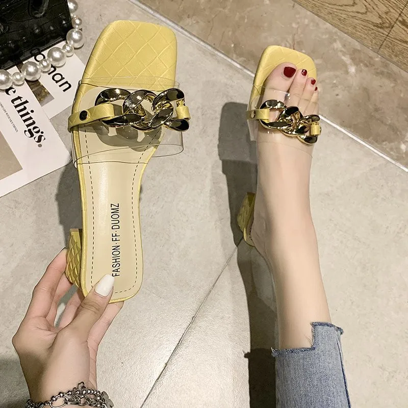 

Female Shoes Slippers Heels Med Jelly Slides Rivet Square heel Shallow 2021 High Transparent Block Summer PU Pumps Hoof Slippers