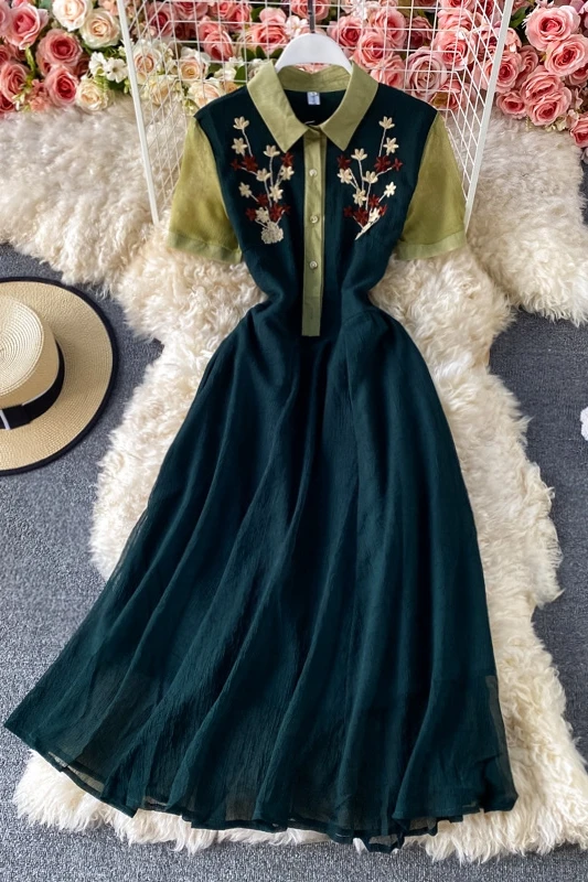 

Women's Summer Elegant Single Breasted Chiffon Dress 2021 Vintage Embroidery Floral Short Sleeve A Line Dress Streetwear Vestido