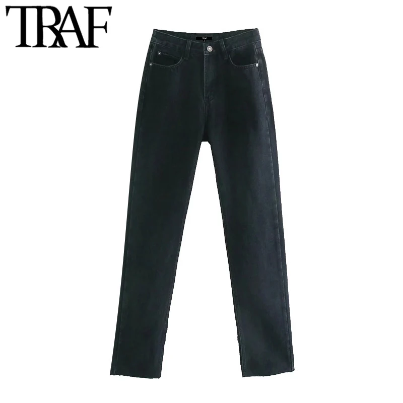 

TRAF Women Chic Fashion Denim Pants With Hem Vents Flared Jeans Vintage High Waist Zipper Fly Female Trousers Mujer