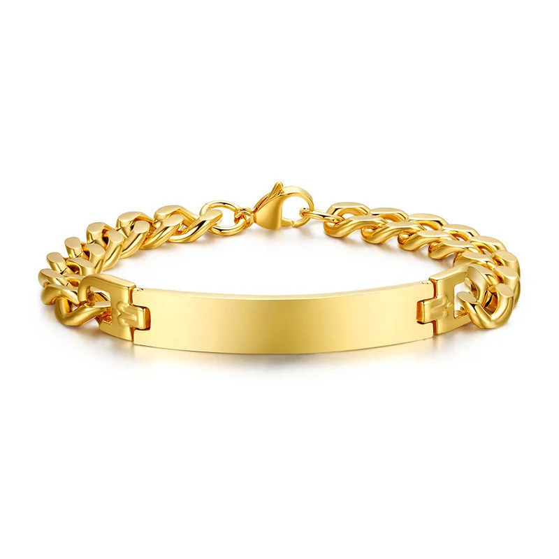 

Modyle Stainless Steel Mens ID Bracelets Bangle Gold Color Curb Link Chain Spring Closure Customize Name Date Info Male Boy