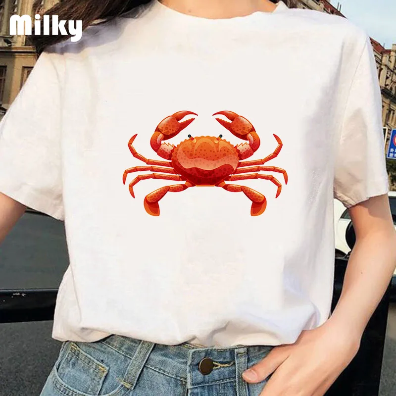 Женская футболка с принтом краба милые топы коротким рукавом и круглым вырезом