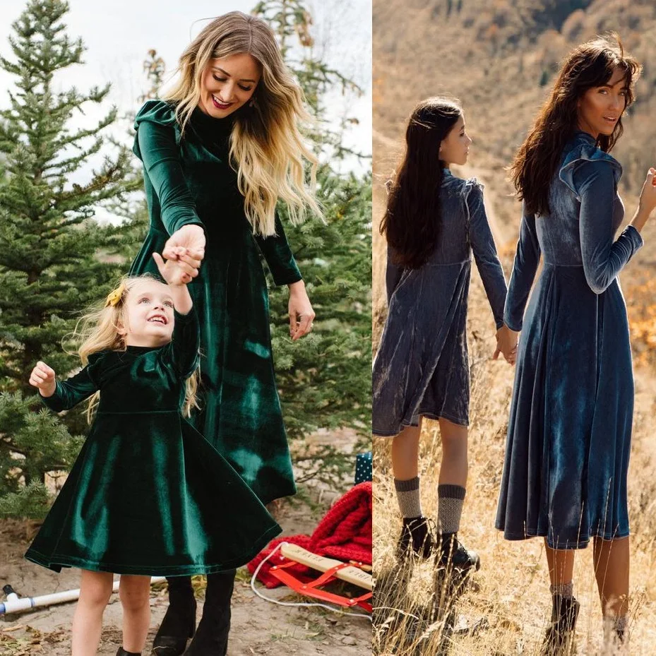 

Autumn Mother Daughter Matching Dresses Family Set Long Sleeve Mom Baby Mommy and Me Clothes Fashion Women Girls Velvet Dress