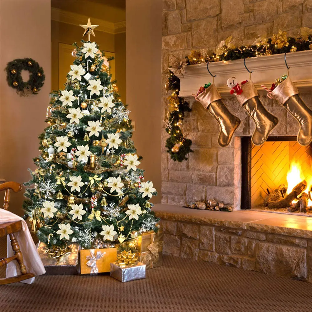

120 Pcs/Set Christmas Tree Hanging Ornament Glitter Gold Flower Sets Pendant For Home Xma Party Snowflakes Bells Decoration