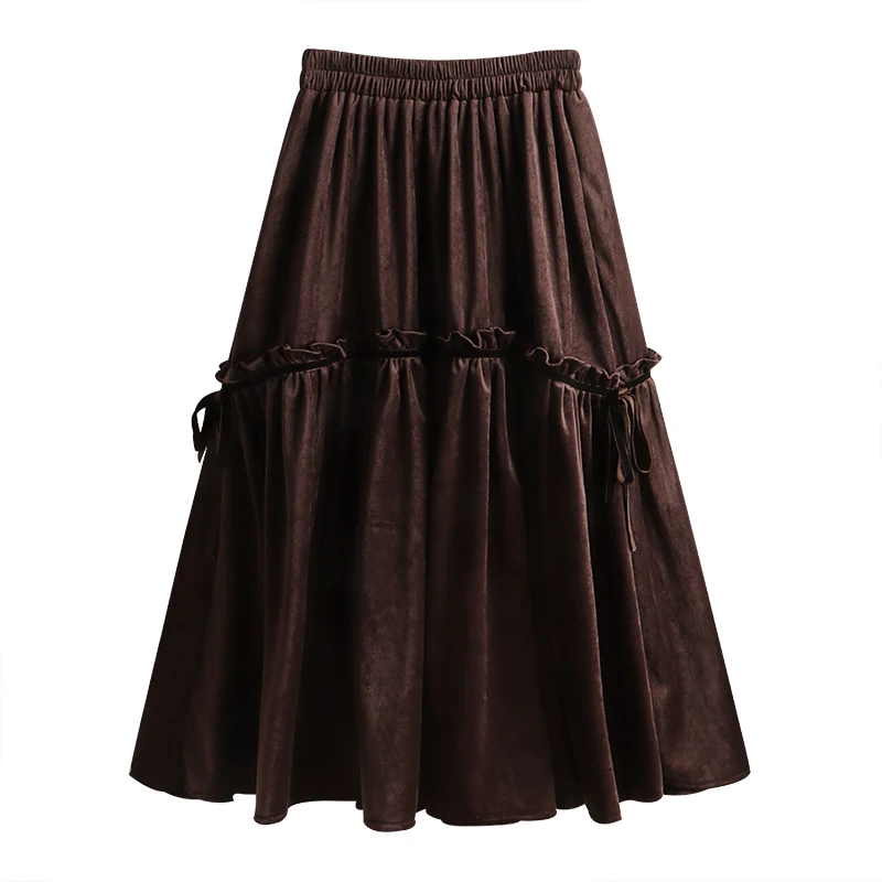 

GTGYFF Winter Velvet Elastic High Waist Skirts Womens Solid Black Coffee Midi Flare A Line Female Femme Skirt Autumn Faldas Saia
