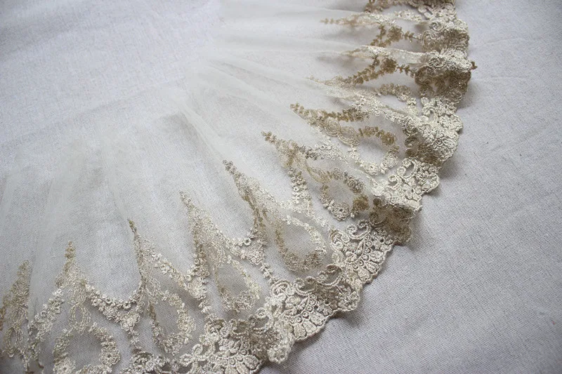 

20CM Wide White Tulle Lace Fabric Glitter Gold Thread Embroidery Fringe Ribbon DIY Wedding Dress Apparel Curtains Sewing Decor