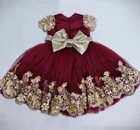 Симпатичные золотистые кружевные бордовые тюлевые платья для девочек бальное платье Одежда для девочек наряды для конкурса выпускного вечера детское платье на день рождения с бантом