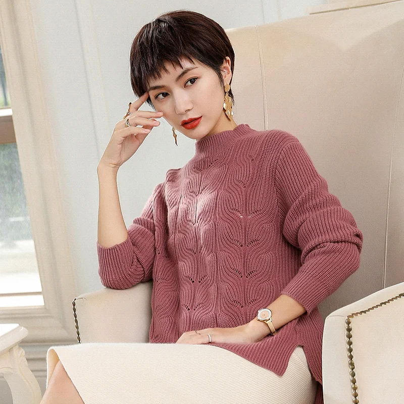 Женский свободный кашемировый свитер с полувысоким воротником вечерние