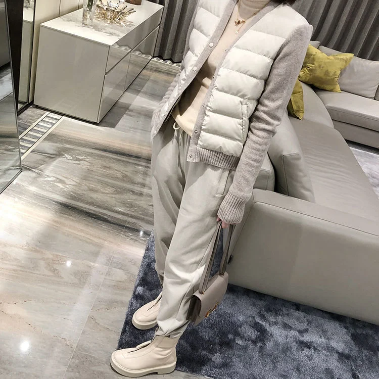 

2021 New Autumn Vneck Cotton Padded Coat Patchwork Knitted Jacket Parka Womens Jackets Outwear