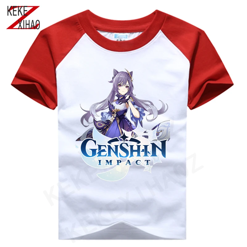 

2021 Kawaii Genshin Impact T Shirt Cartoon Print Anime Kid Clothes Children Clothing T-shrits Tee Short Sleeve Top Harajuku