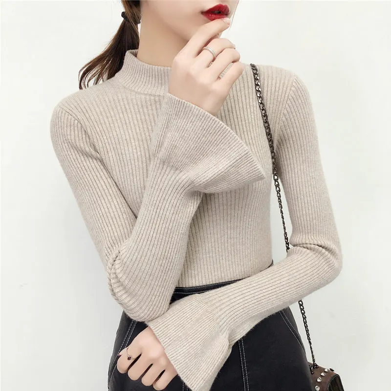 

Women Sweater Korean Basic Pullover Autumn Winter New Thick Flare Sleeve Slim All Match Kitted Tops Pull Femme