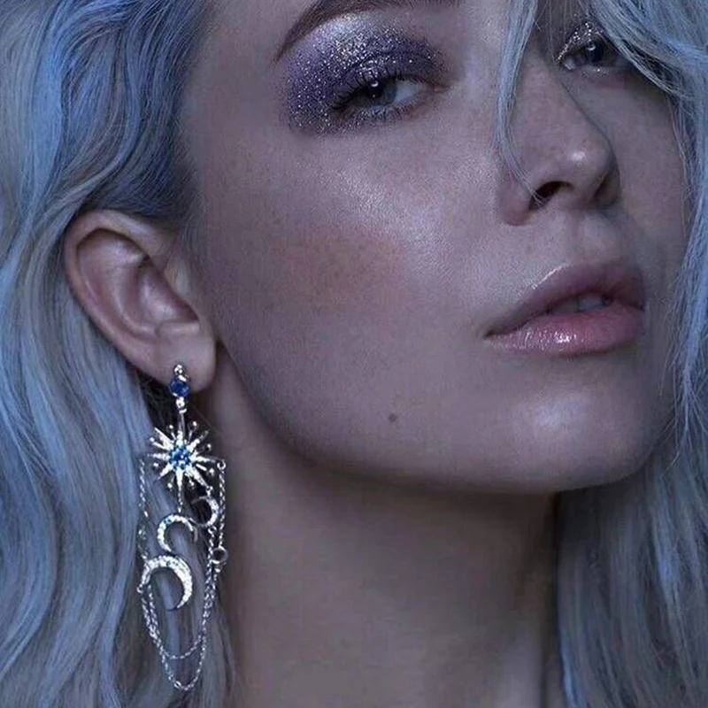 LXOEN Romantic Luxury Moon Star Drop Earrings For Women Bohimian Beaded Blue CZ White Gold color Earing Bijoux E359 | Украшения и