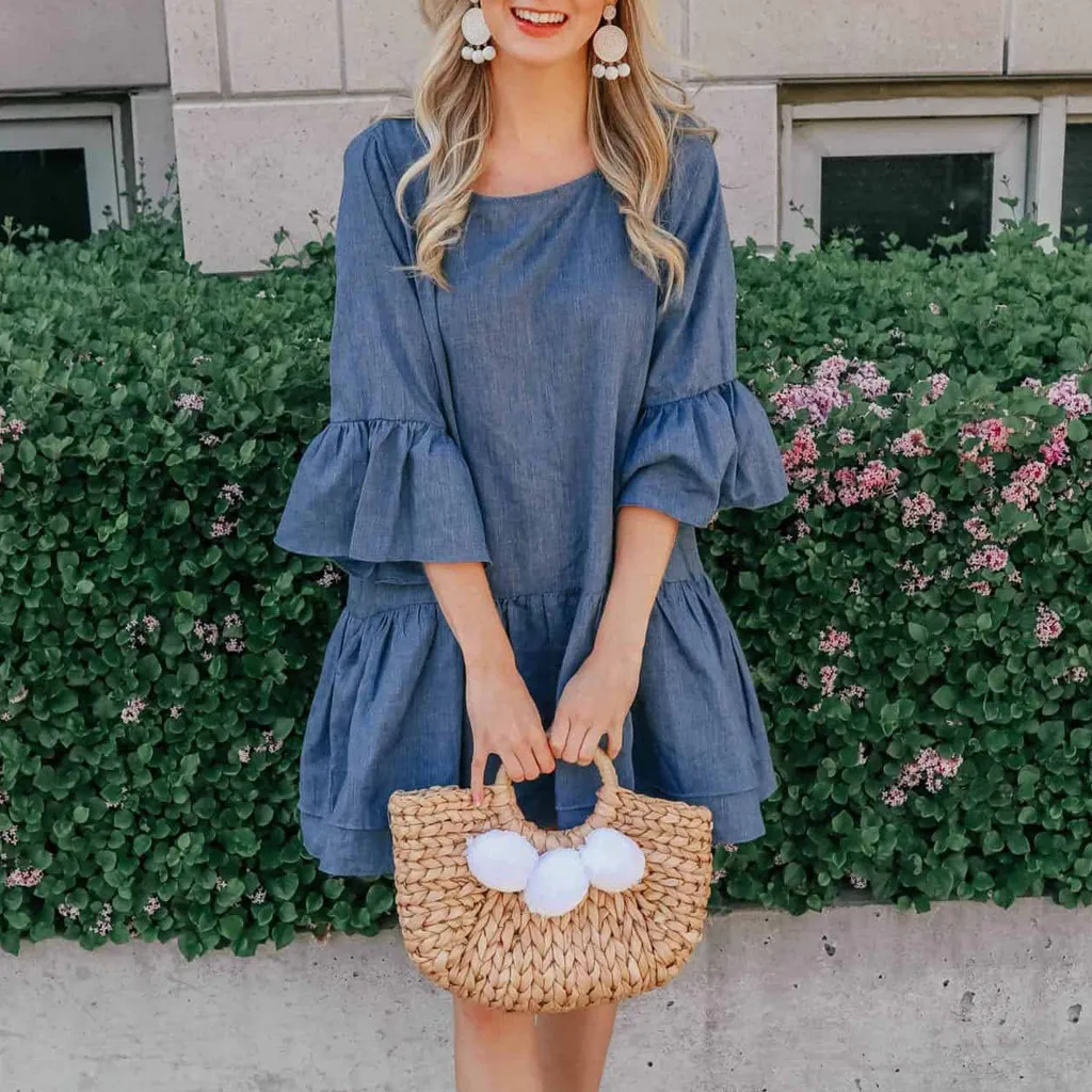 Женское джинсовое платье повседневные однотонные ковбойские платья с круглым