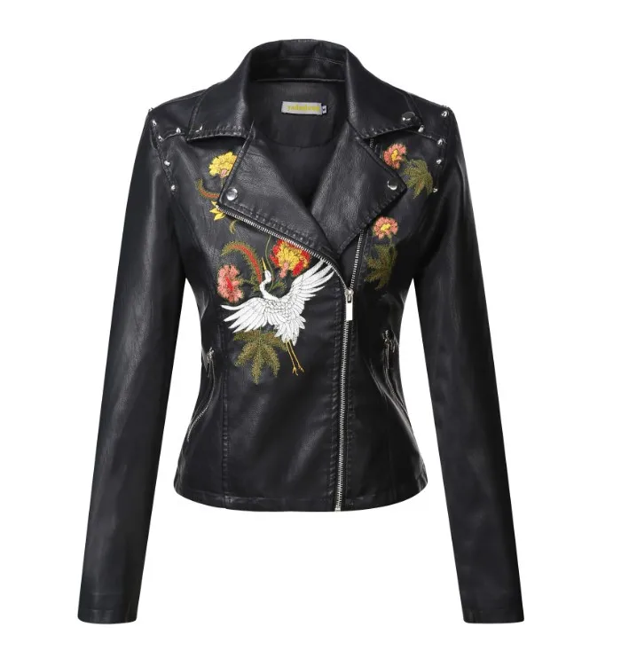 

jacket slim fit short embroidered motorcycle leather New embroidered leather jacket women's dress women's Lapel