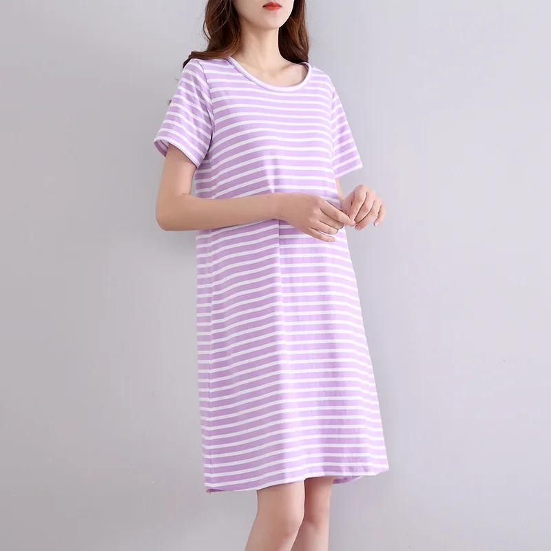 Plus Size Night Dress For Women Short-Sleeved Striped Nightgown Modal Cotton Loose Soft Nightwear Tops Women's Leisure Sleepwear