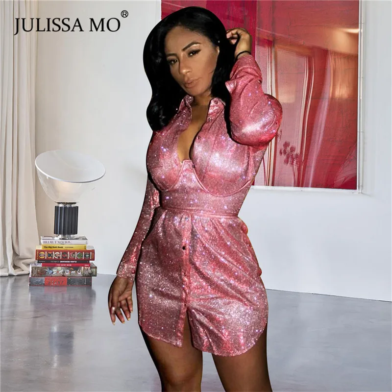 

Женское блестящее платье-рубашка JULISSA MO, с V-образным вырезом и длинным рукавом, элегантное розовое платье для вечеринок