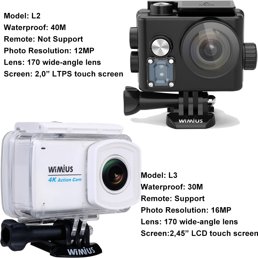 WIMIUS 4K Ultra HD спортивная экшн-камера WiFi 170D уличная спортивная камера Экшн-камера 40 м водонепроницаемая видео запись камеры для шлемов
