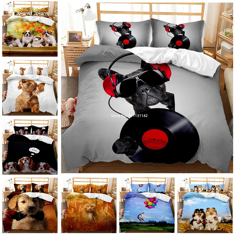 

3D Digital Print Bedding Cover Down Quilt Cover Pillowcase Cute Cat Dog Pattern Full Size Children Bedroom Home Textile