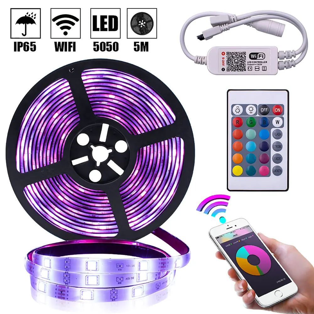 

Light Strip Led Light Strip RGB 5M RGB 5050 Waterproof LED Strip light SMD 44 Key Remote Wifi Wireless Light Strip Smart[US-W]