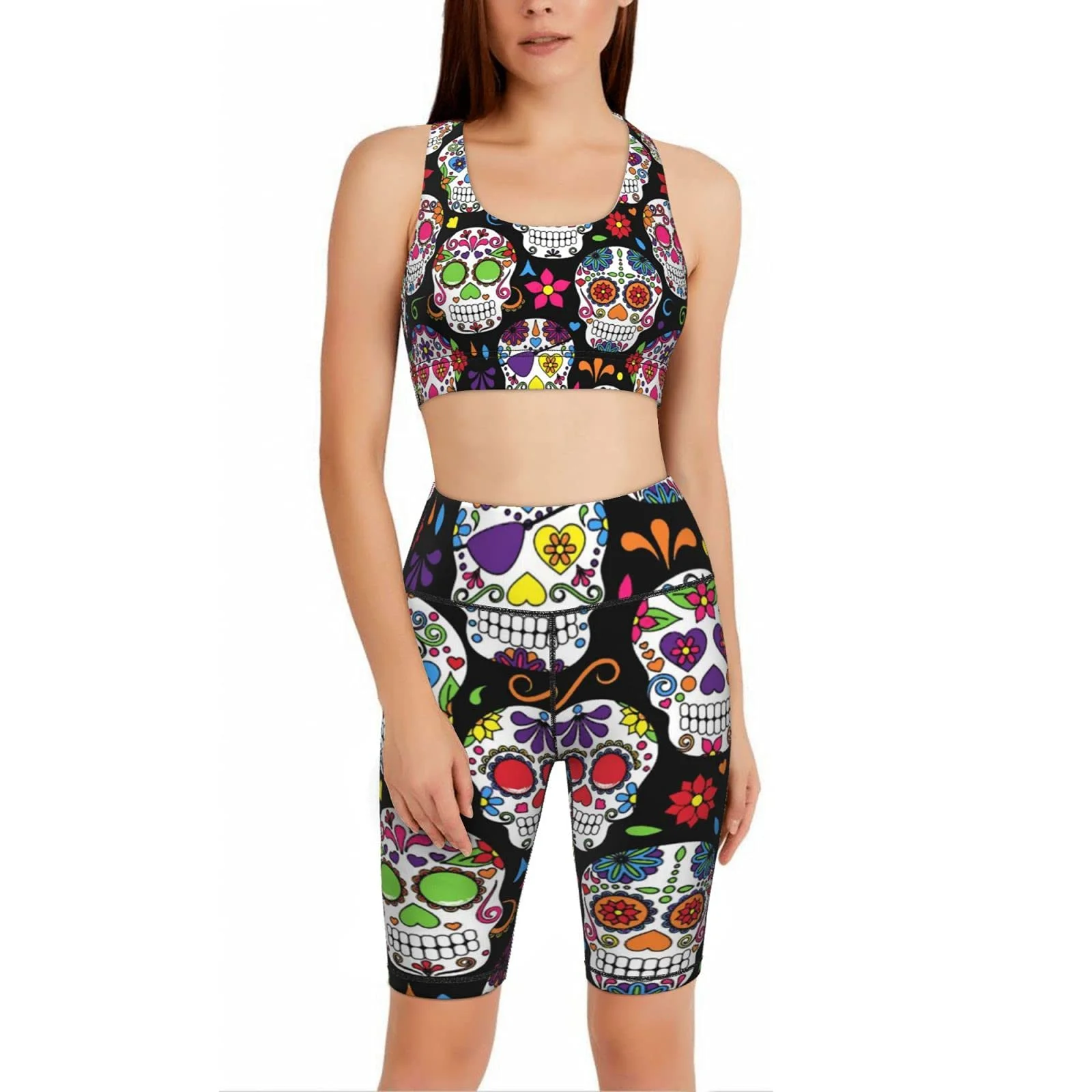 

2021 Women's Yoga Wear 2 Five-point Shorts Vest Mexican Holiday Flower Skull Girl Tight Sports Suit Pastoral Style S-XXL