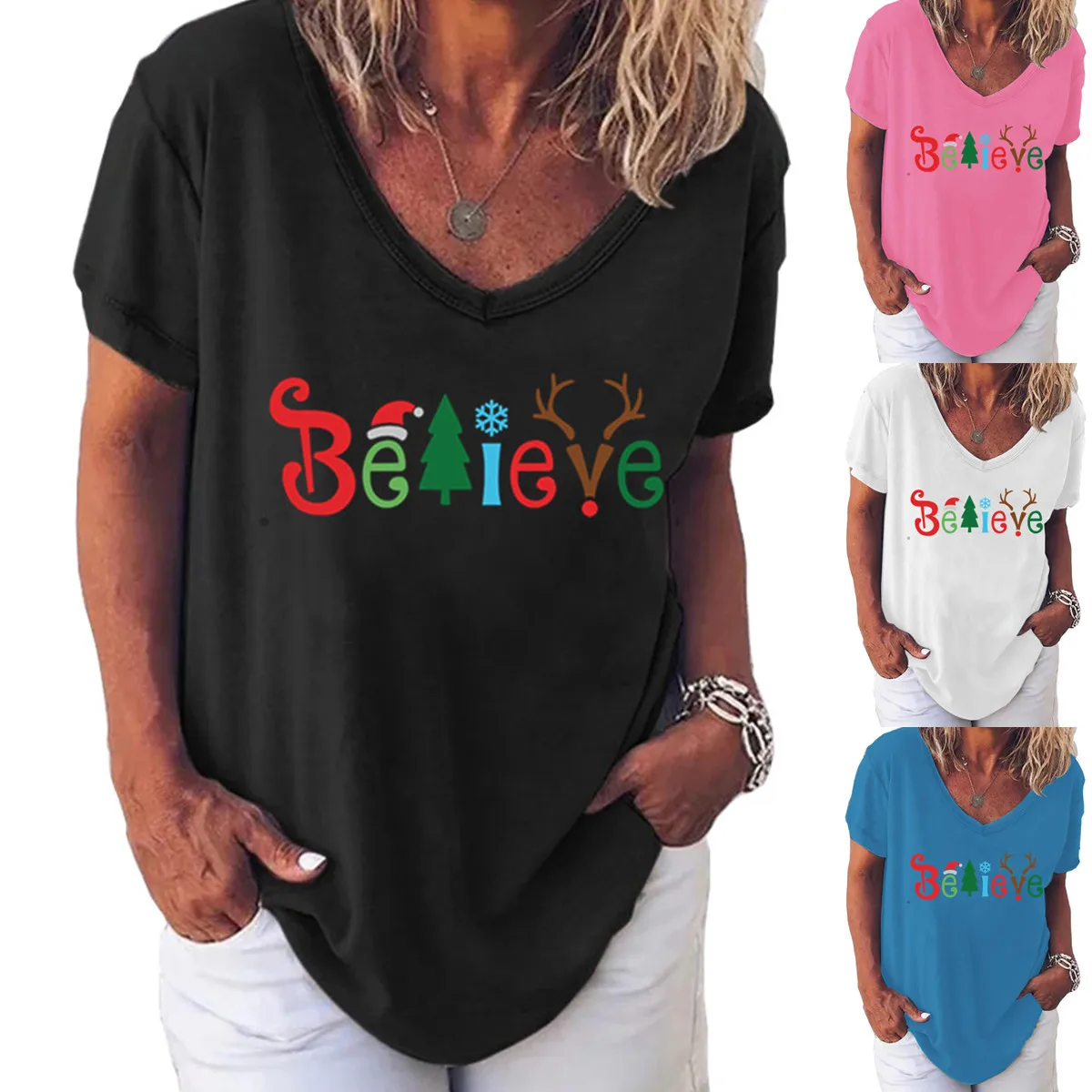 

V Neck Short Sleeve Tee Top Harajuku Christmas Funny Graphic Letter Print T-shirts Tops New Year T Shirts For Women 2022