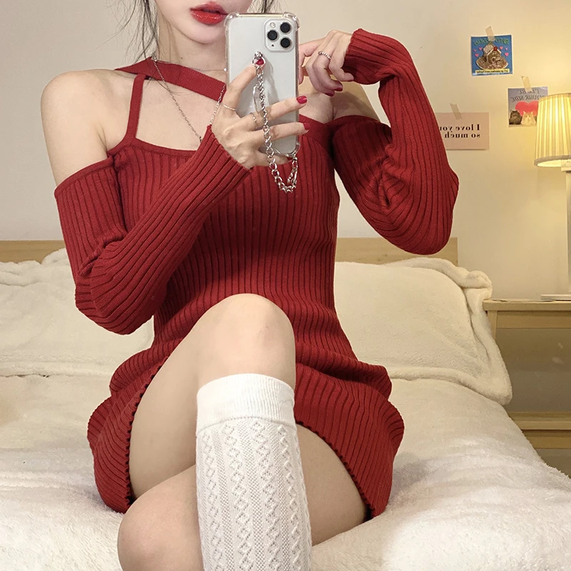 Винно-Красное вязаное платье с лямкой на шее корейское облегающее платье-свитер