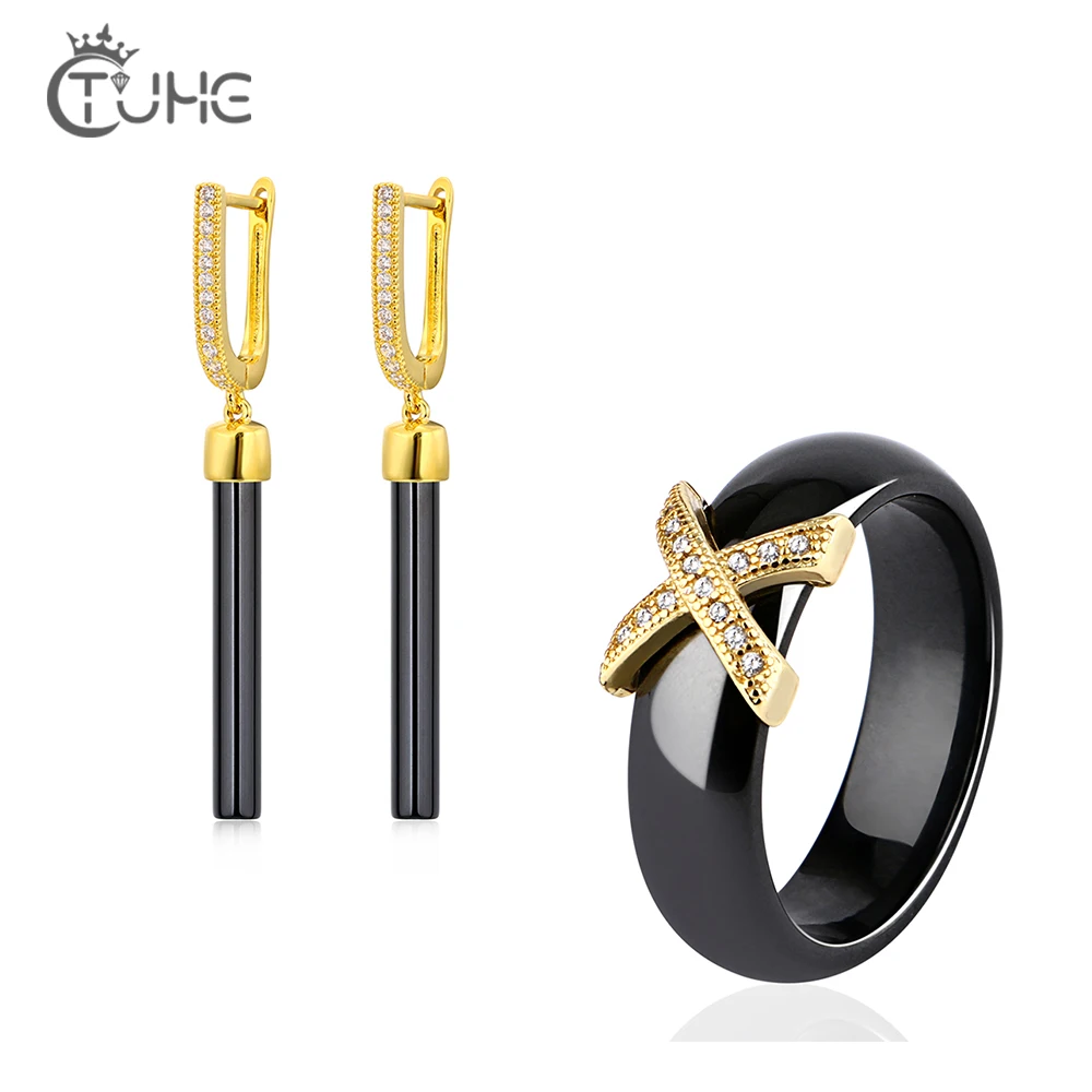 Gold Metal Ceramic Jewelry Set Long Drop Earrings With X Cross Crstal 6mm Ceramic Ring Smooth Ceramic Ring Fashion Style Gifts