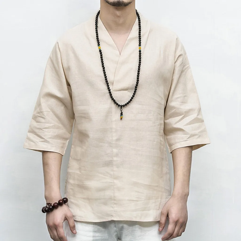 Men Shirt Vintage Ancient Chinese Male Blouse Kung Fu Style Cotton Linen 3/4 Sleeve V Neck Loose Leisure Solid Tops | Мужская одежда
