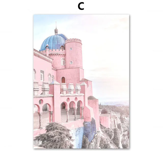 Картина на холсте Португалия Лиссабон замок автобус здание розовые фотографии