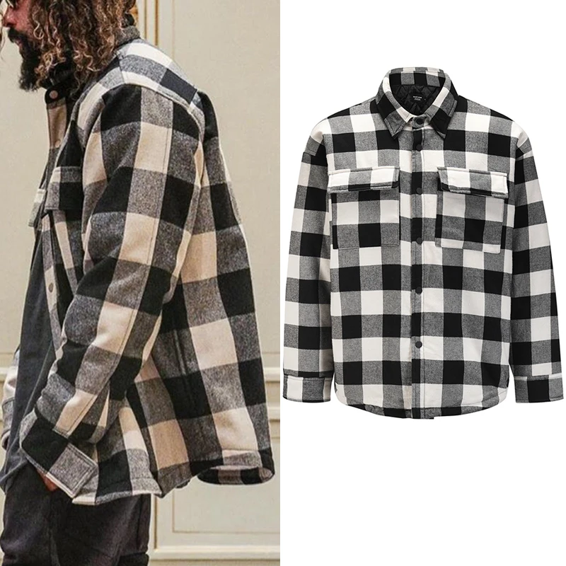 

Black and White Plaid Padded Jacket Male High Street Oversize Lapel Thick Winter Cotton Coat Windbreaker Casual Bomber Jackets